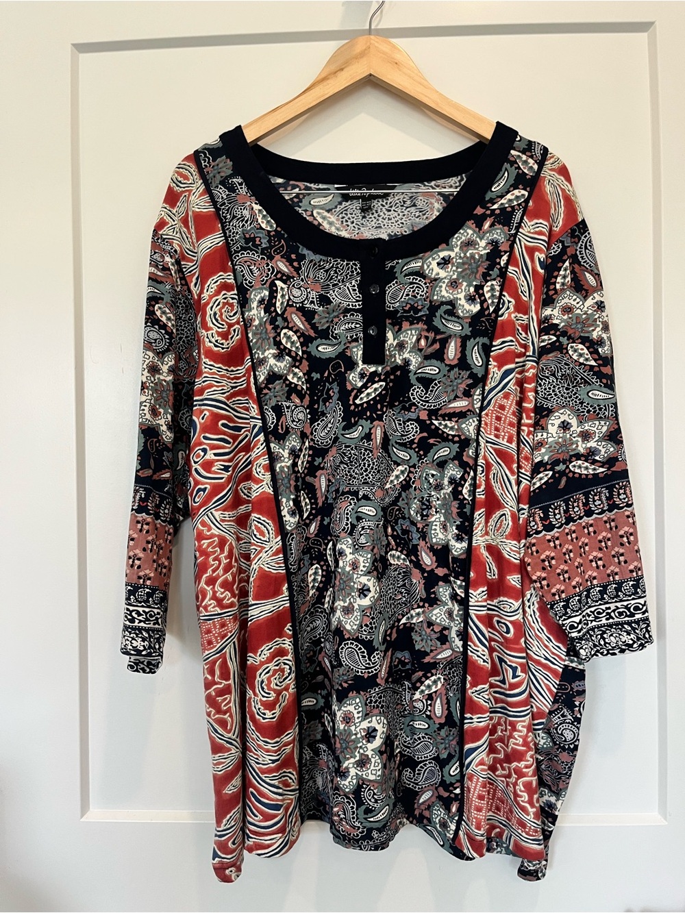 Ulla Popken Mixed Multi Color Paisley Print Henley Cotton Knit Tunic size 24/26